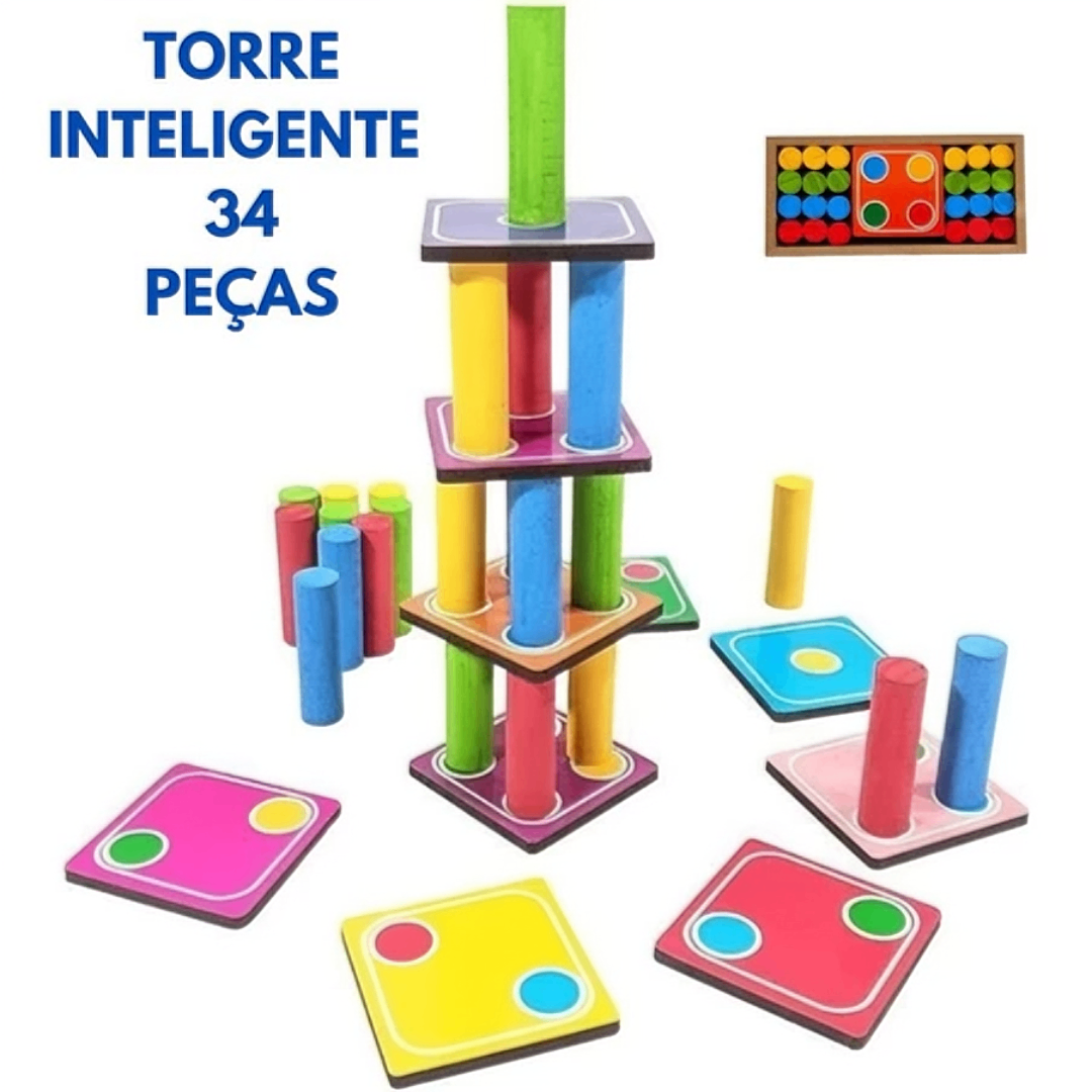 TorreSmart™ – Torre Educativa de Madeira 32 Peças (Brinquedo Pedagógico)