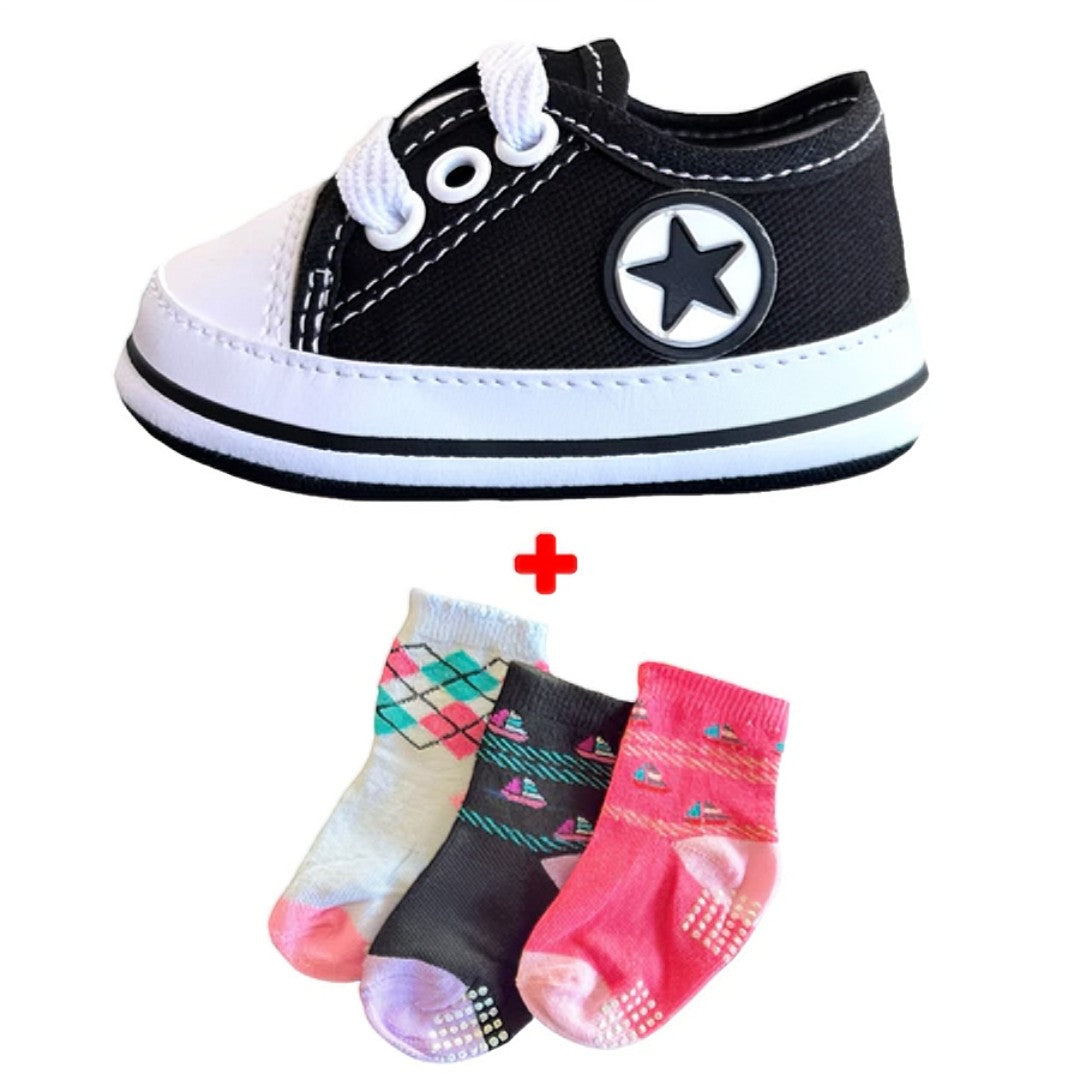 👟 BabyStep™ – Kit Tênis + 3 Pares de Meias para Bebê Recém-Nascido 👶💖