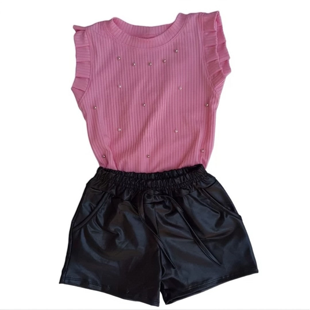 👗 MiniGlam™ – Conjunto Infantil Feminino Blusa e Shorts Cirrê Blogueirinha 💖