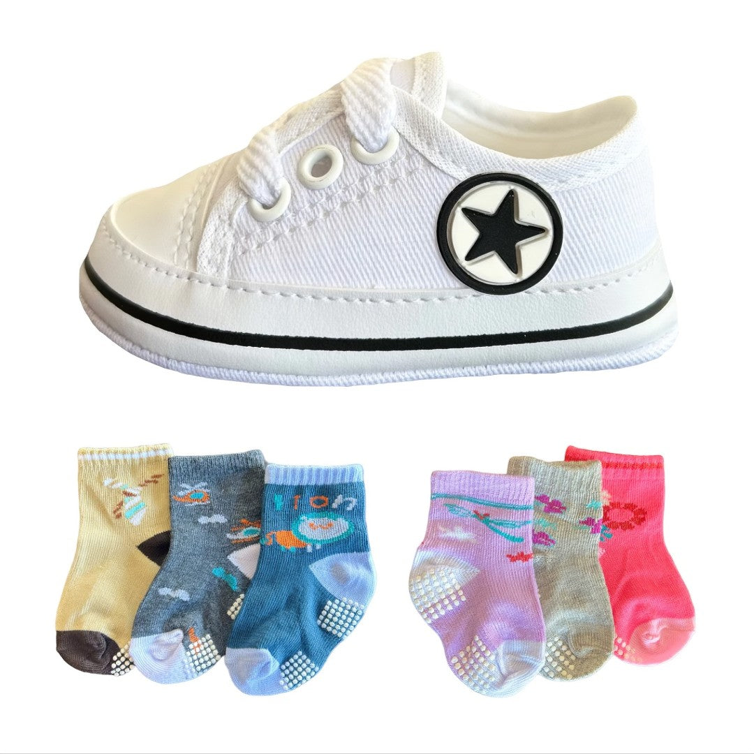 đ BabyStepâą â Kit TĂȘnis + 3 Pares de Meias para BebĂȘ RecĂ©m-Nascido đ¶đ