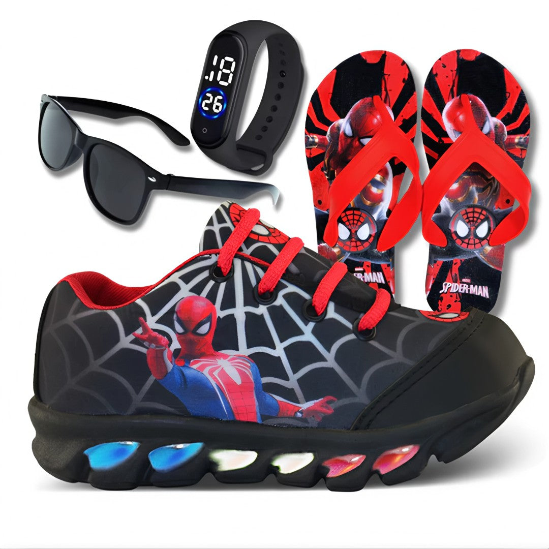 🕷️ HeroLight™ – Kit Tênis de LED Infantil + Chinelo + Relógio + Óculos