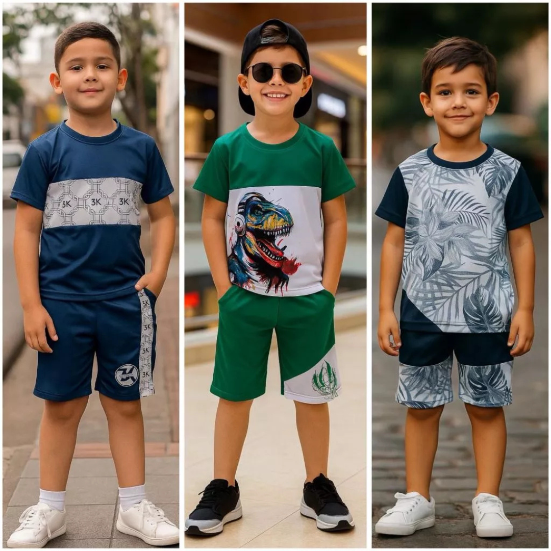 Conjunto Infantil Menino Bermuda & Camisa Masculina Juvenil Dryfit — Personagens (4 ao 14 anos)