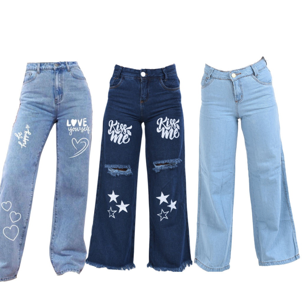 Kit 3 Calça Jeans Menina Wide Leg Infantil e Juvenil