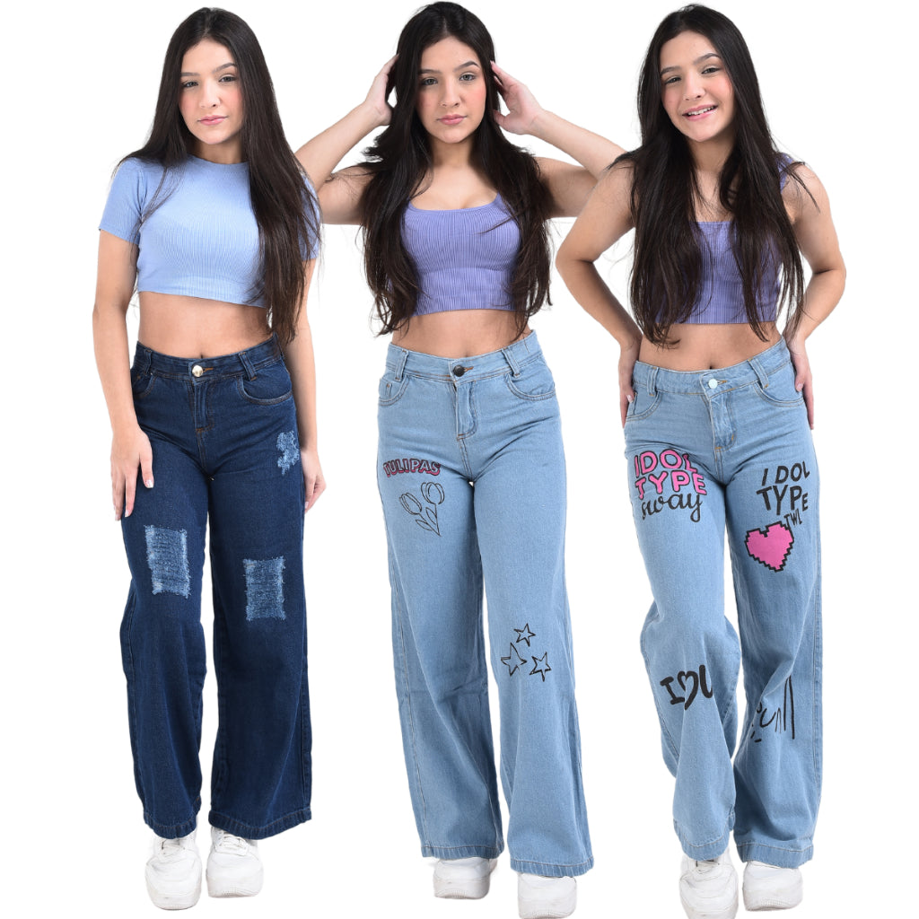 Kit 3 Calça Jeans Menina Wide Leg Infantil e Juvenil