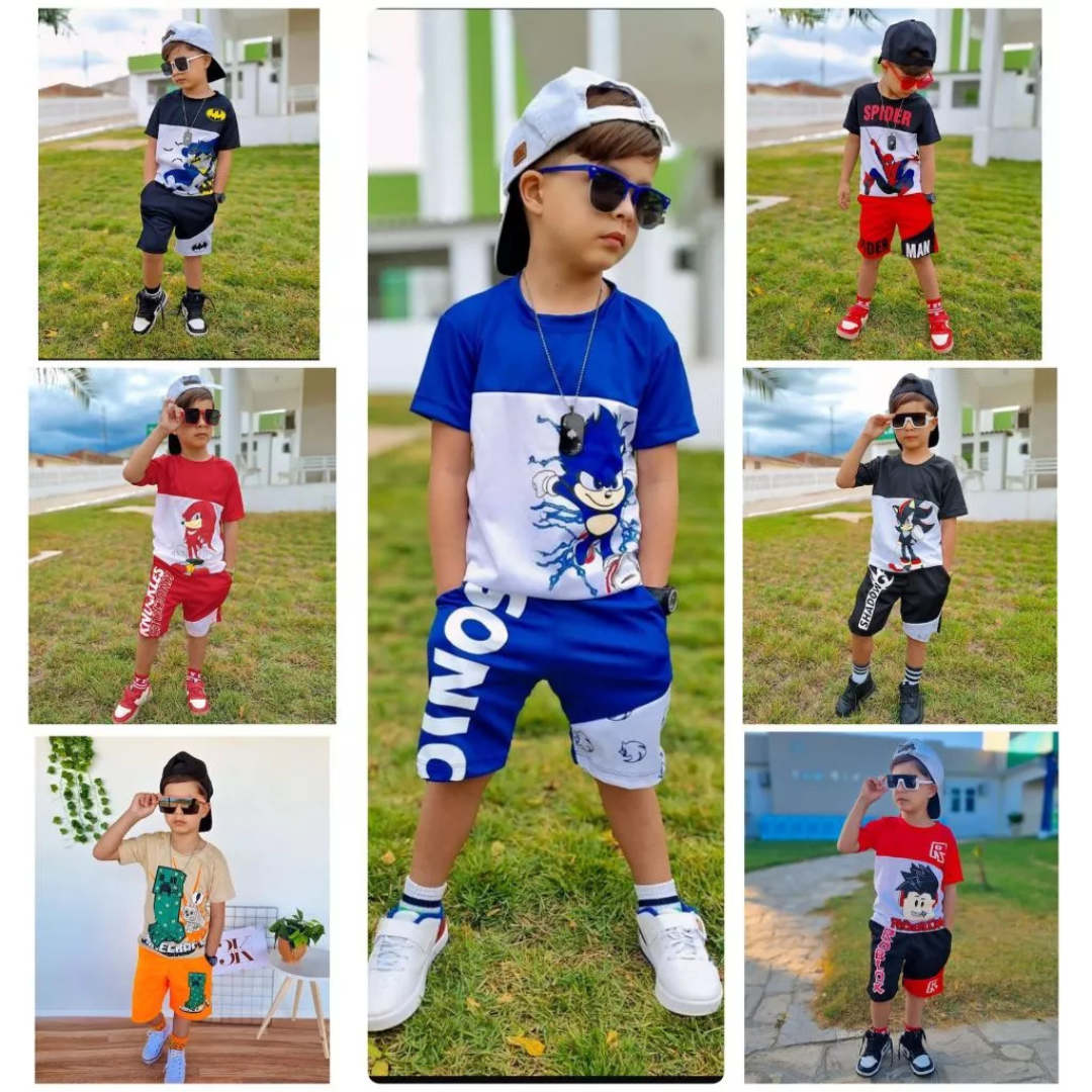 Conjunto Infantil Menino Bermuda & Camisa Masculina Juvenil Dryfit — Personagens (4 ao 14 anos)