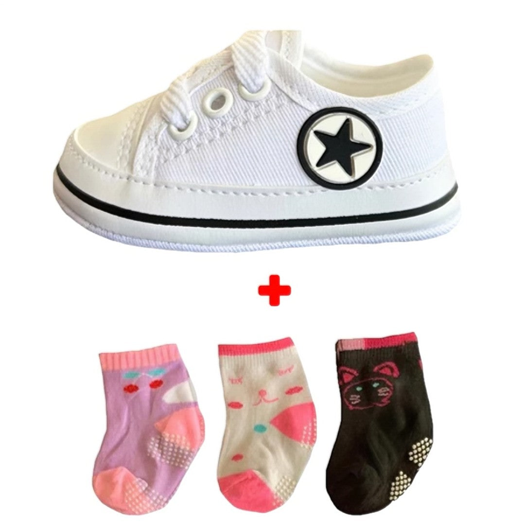 👟 BabyStep™ – Kit Tênis + 3 Pares de Meias para Bebê Recém-Nascido 👶💖