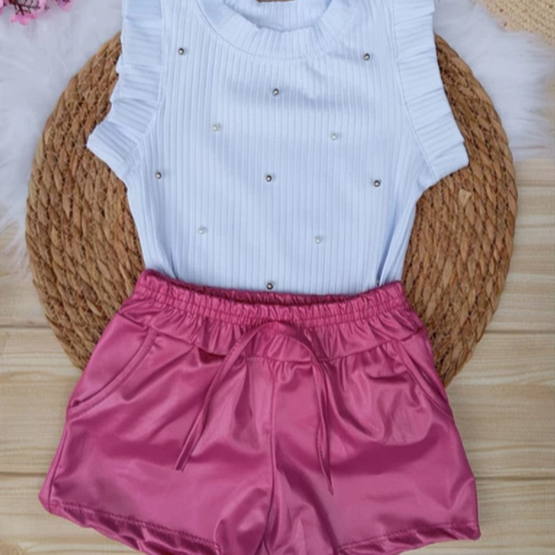 👗 MiniGlam™ – Conjunto Infantil Feminino Blusa e Shorts Cirrê Blogueirinha 💖