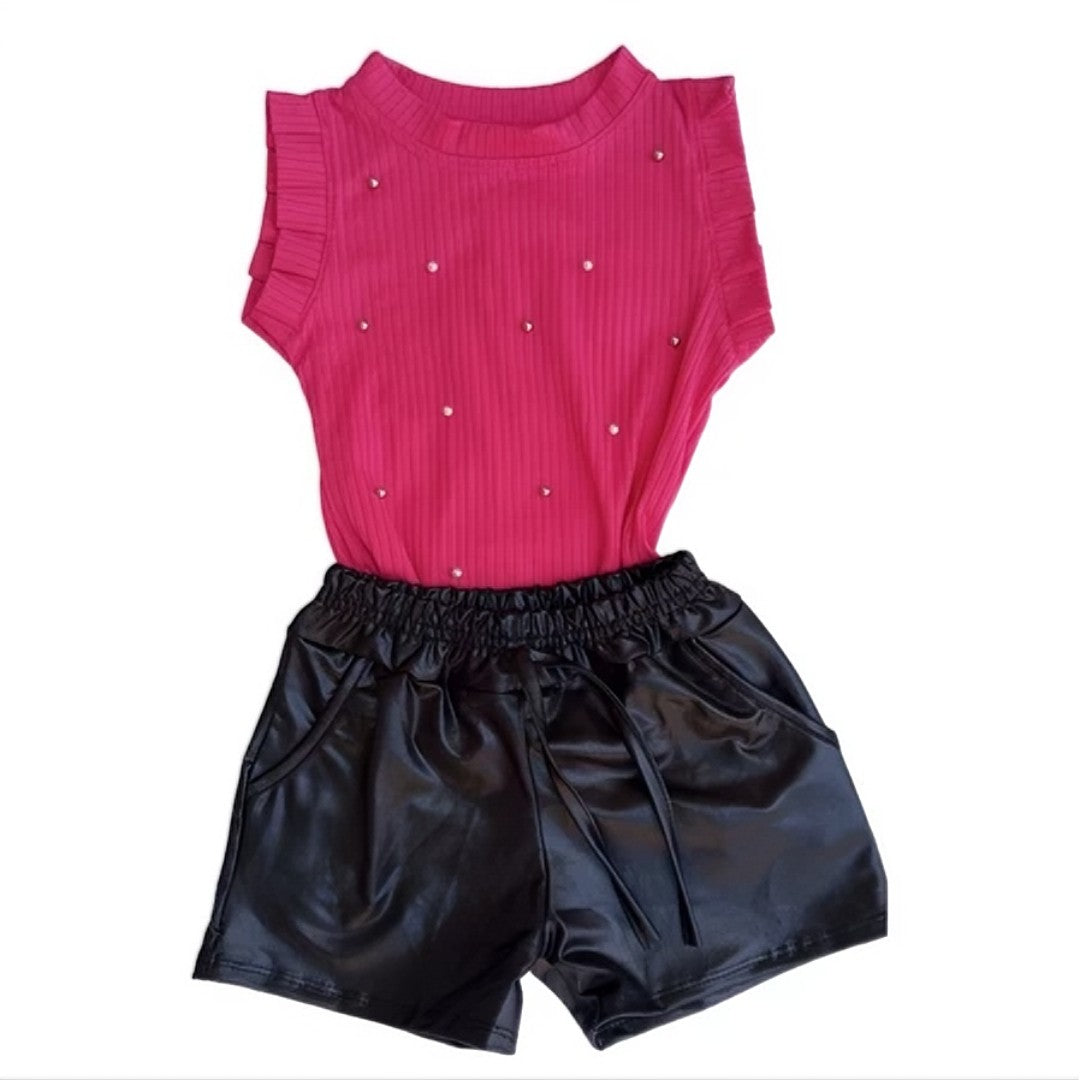 👗 MiniGlam™ – Conjunto Infantil Feminino Blusa e Shorts Cirrê Blogueirinha 💖