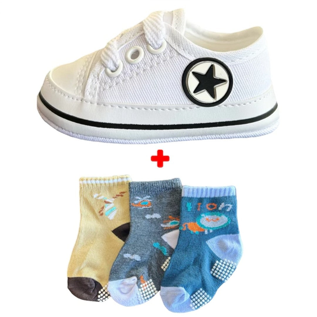 👟 BabyStep™ – Kit Tênis + 3 Pares de Meias para Bebê Recém-Nascido 👶💖