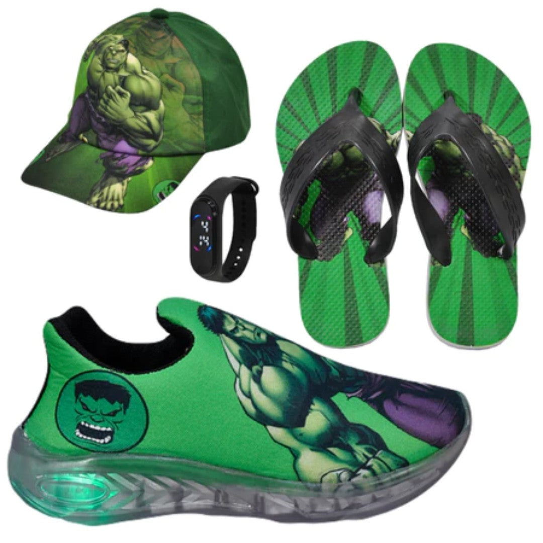 🦸‍♂️ HeroMax™ – Kit Tênis de LED Infantil + Chinelo + Boné + Relógio